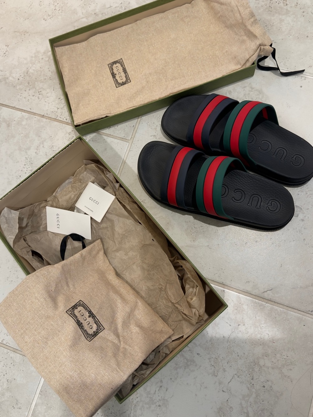 Gucci Black Slides with Red and Green Striped Bands
